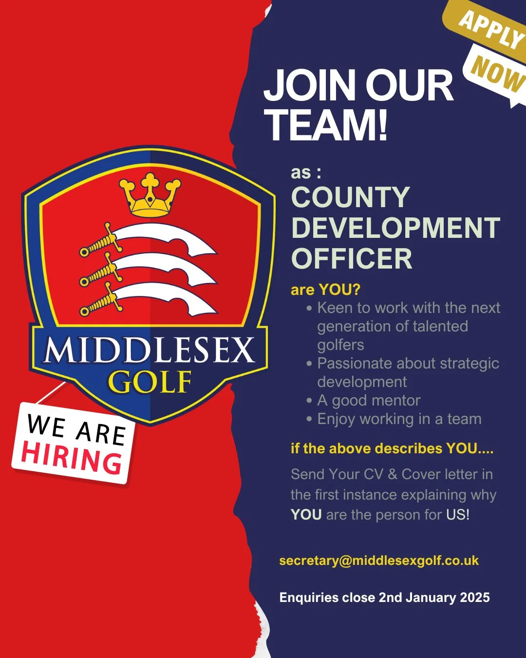 Middlesex Golf is Hiring, as we seek a County Development Officer for 2026